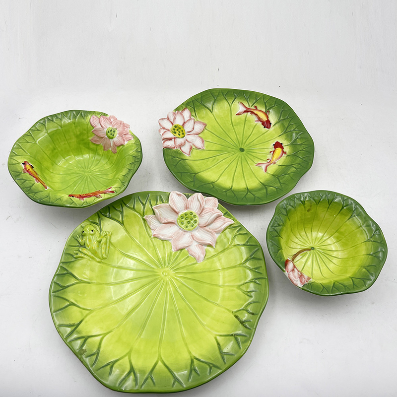 Piatto di design a foglia di loto personalizzato forniture di cucina in ceramica alta piatto da cena di grande capacità per picnic a casa scuola