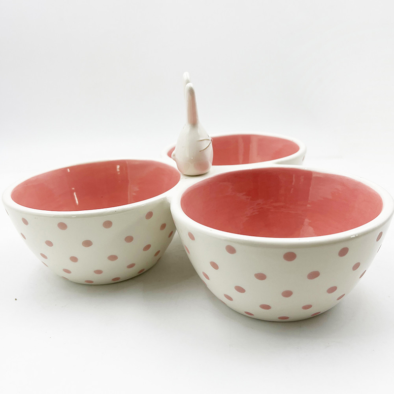 Classic Pink Cute Ceramic Material Tri Part Serving Bowl Silly Bunny Con Maniglia di Coniglio