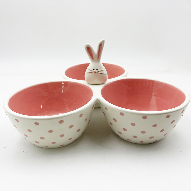 Classic Pink Cute Ceramic Material Tri Part Serving Bowl Silly Bunny Con Maniglia di Coniglio