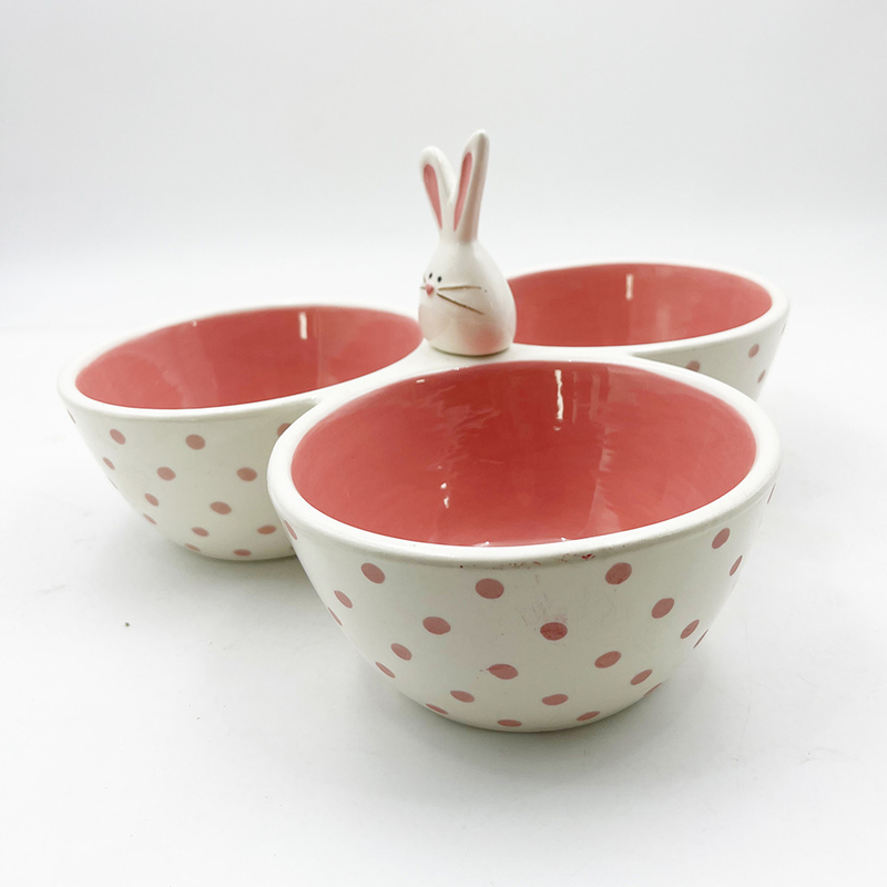 Classic Pink Cute Ceramic Material Tri Part Serving Bowl Silly Bunny Con Maniglia di Coniglio