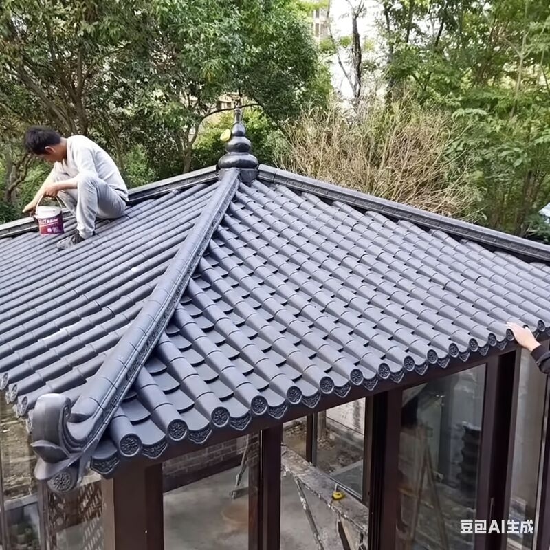 Piastrelle di tetto tradizionali cinesi Piastrelle di tetto in PP Piastre di tetto in plastica Decorazione di angolo per il cancello della parete del padiglione