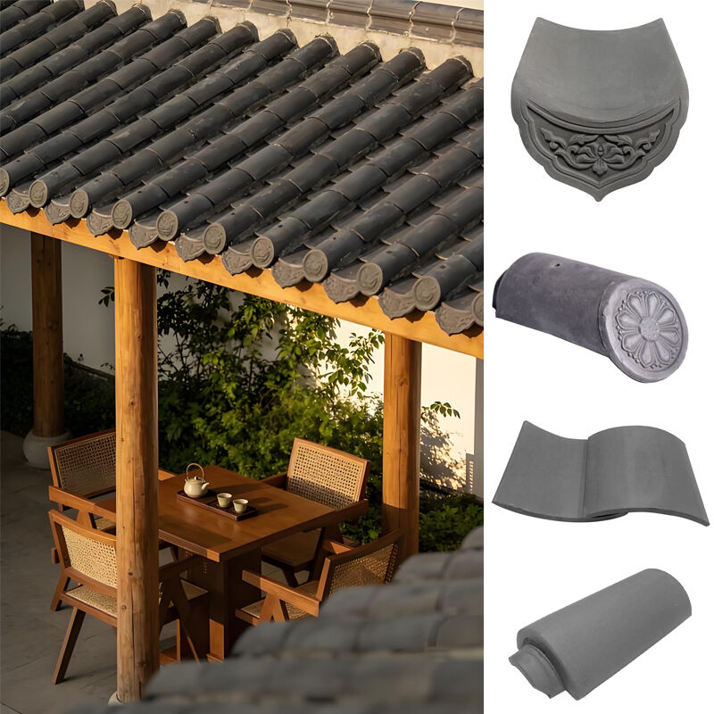 Set completo di tegole decorative per grondaie e tegole a botte in ceramica grigia cinese per architettura paesaggistica esterna di case da tè